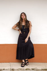 Vestido inspiración cuello recto con tiras y bolero - Negro